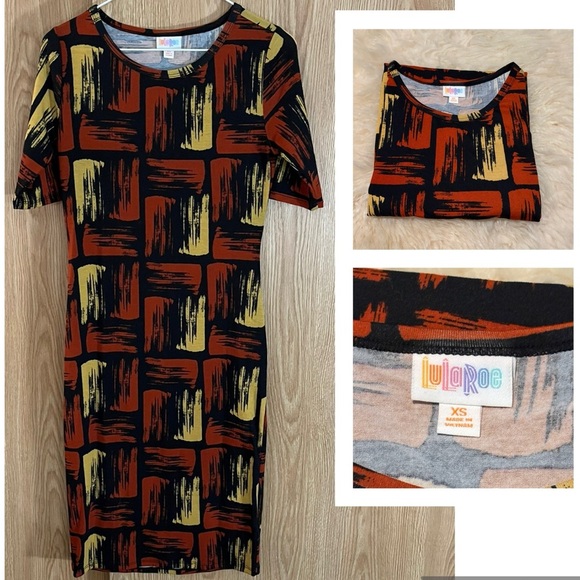 LuLaRoe Black Orange/ Yellow Geometric Pattern Stretch Midi Dress - Picture 1 of 5